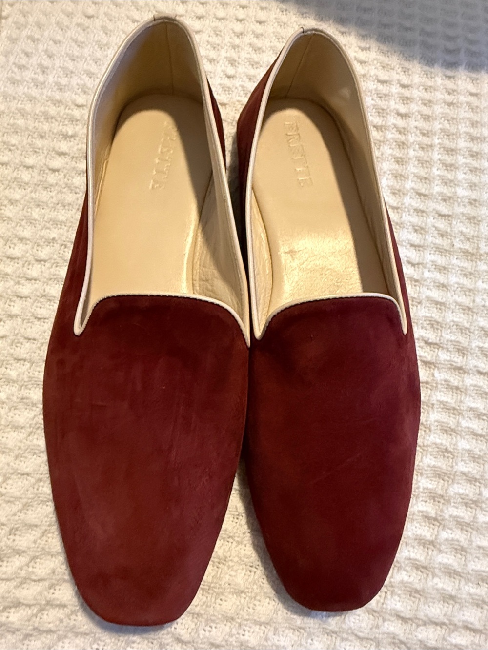 Frette Burgundy Suede Flats with Cream Trim